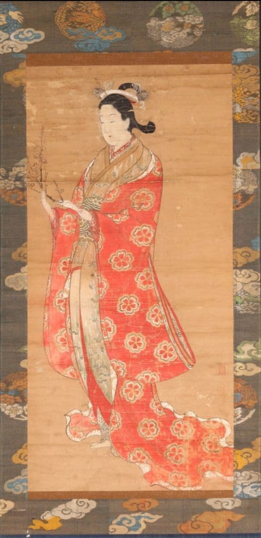 浮世絵 「花枝美人図」 肉筆 絹本彩色 錦裱 印あり 江戸時代 掛軸