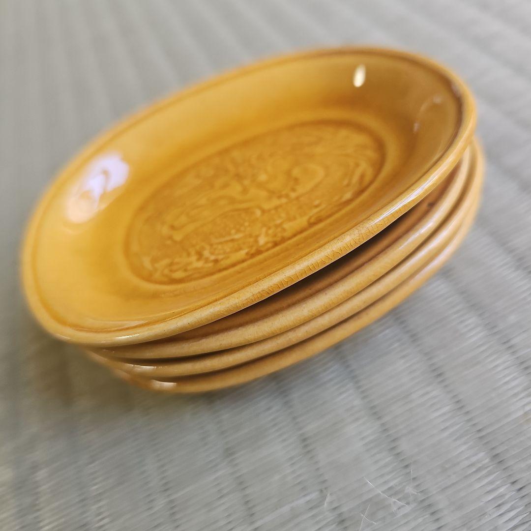 当時物 珉平焼 黄釉　淡路焼 陰刻龍紋 小皿豆皿 小判型4枚