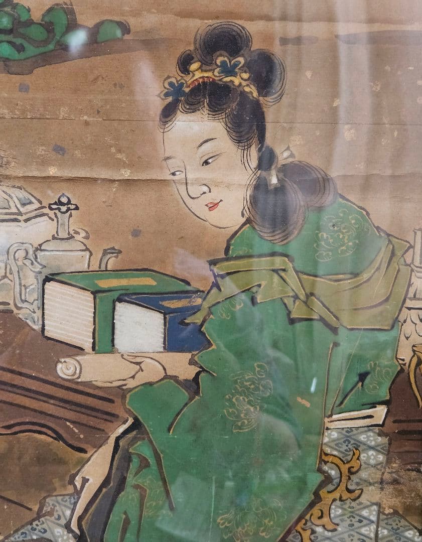中国古美術　中国古画　紙本肉筆　金彩色絵　人物画　宮中の図　作者不明　簡易額装