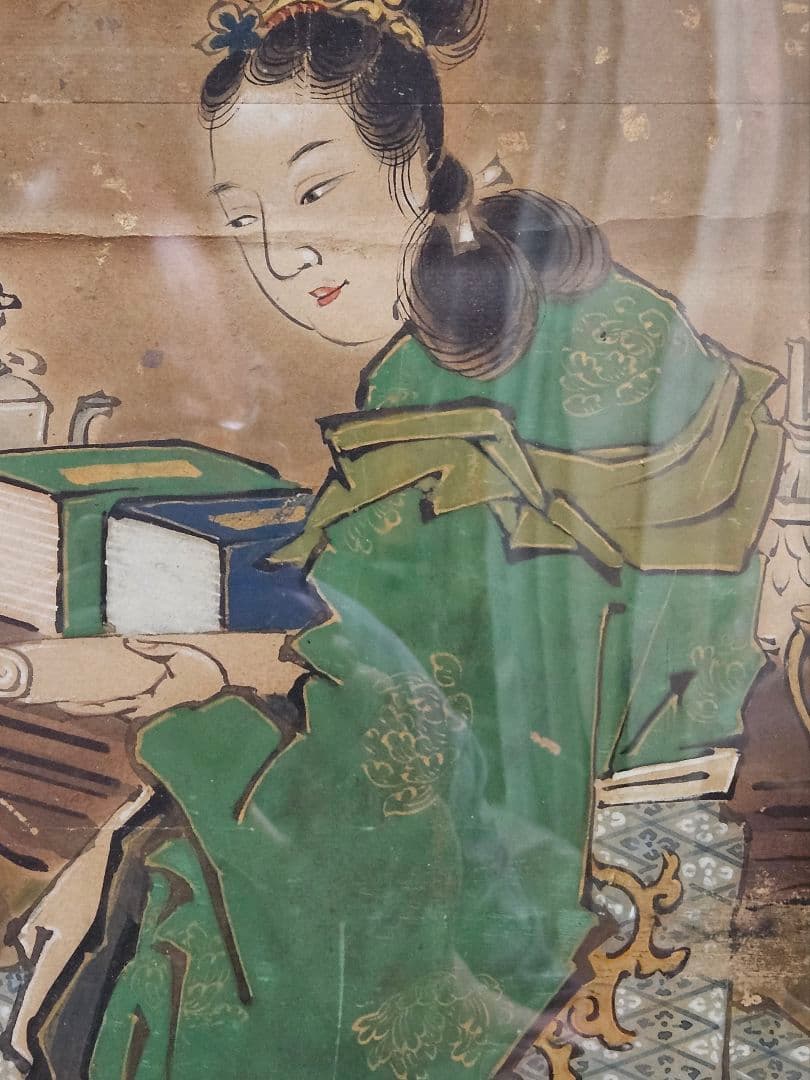 中国古美術　中国古画　紙本肉筆　金彩色絵　人物画　宮中の図　作者不明　簡易額装