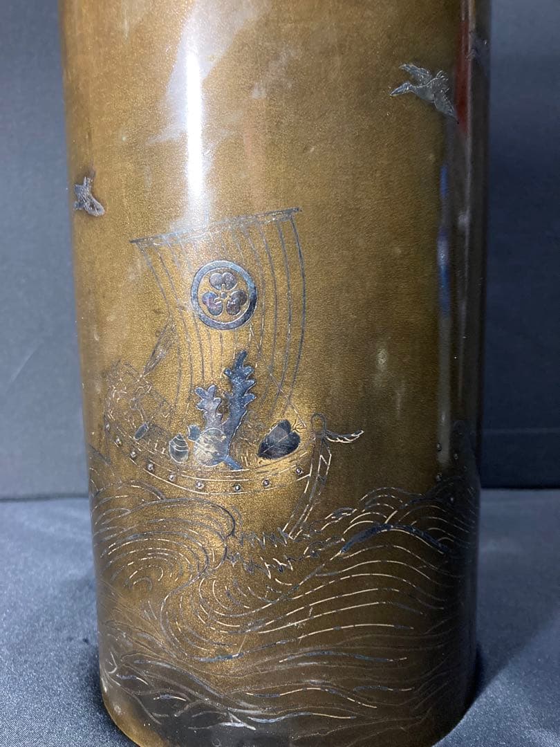 宝船 銀象嵌 古銅 鶴 家紋 花入 花差 花器 花瓶 銅器 銅製 古道具 華道