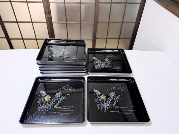 Y【中古品】漆塗り　御膳　会席膳【お盆】　グレー　8客セット