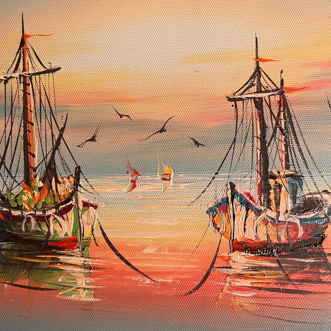 手書き油絵 二隻の船 額付 肉筆絵画 インテリア 油彩画