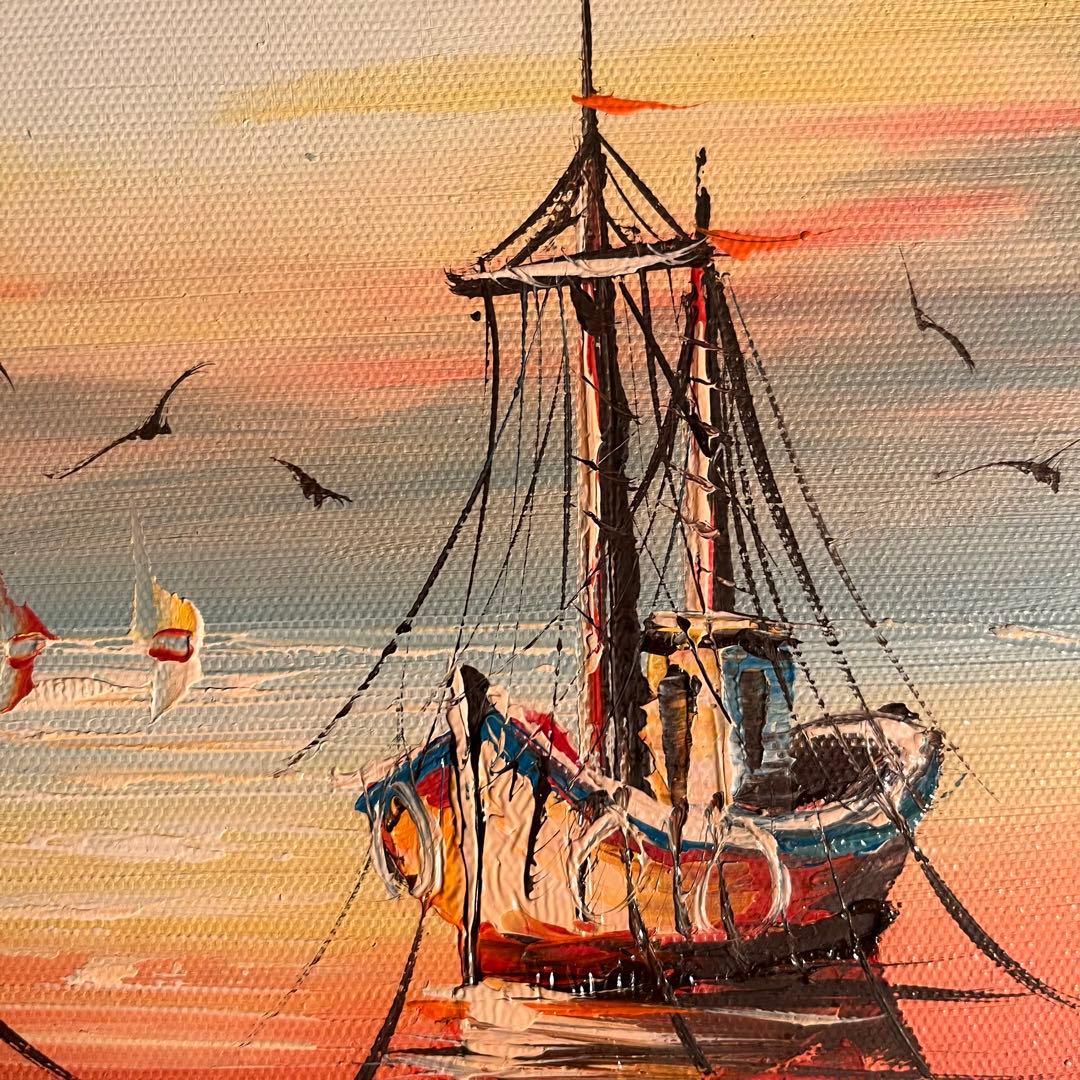 手書き油絵 二隻の船 額付 肉筆絵画 インテリア 油彩画