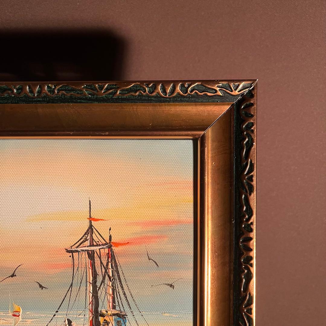 手書き油絵 二隻の船 額付 肉筆絵画 インテリア 油彩画