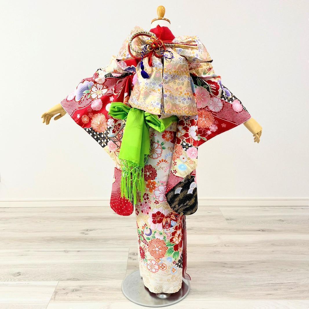 七五三 女の子 7歳 四つ身 着物 帯 筥迫 フルセット 古典 赤 BY10-3