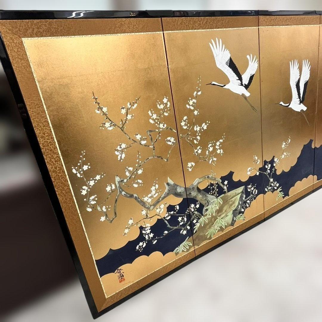 ◇金箔 屏風 鶴と白梅 春浦