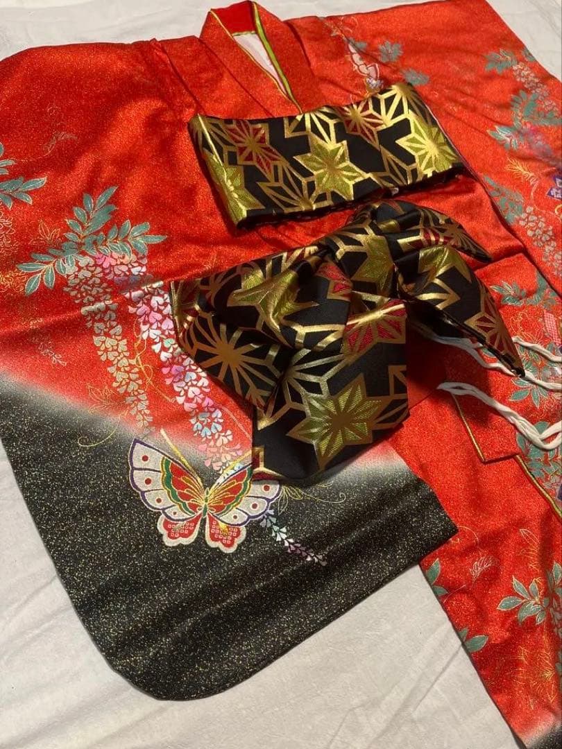 七五三　7歳　正絹　作り帯　赤　アンティーク