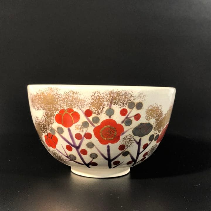 【茶道具】抹茶碗　色絵梅　市川通三　共箱　紅梅　R0322お4