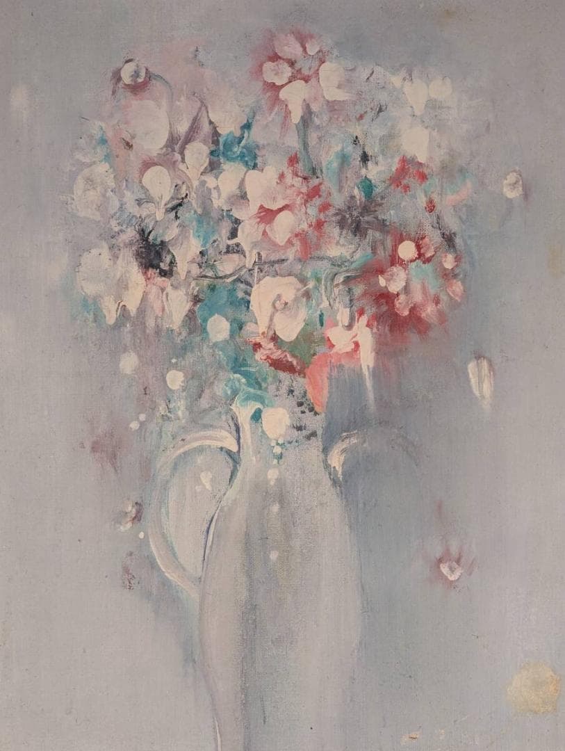 【真作】絵画　油彩6号　白い花瓶　柔らかな光と花の静物　Z199