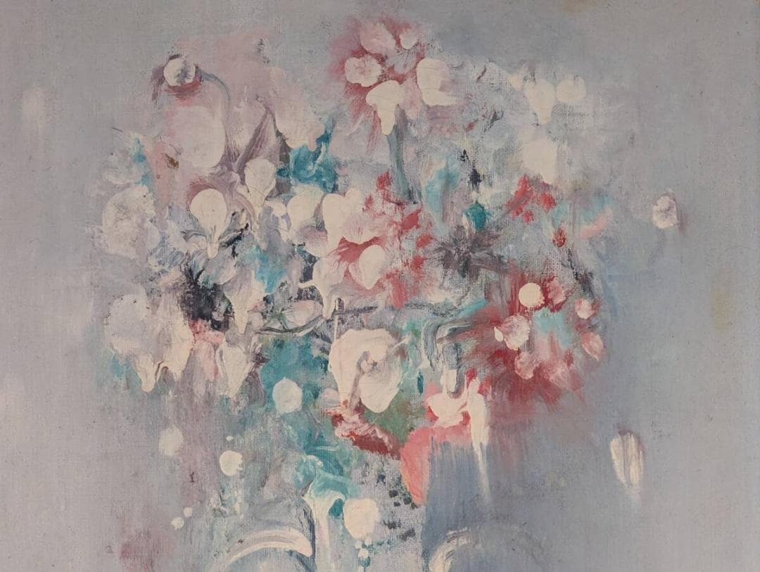 【真作】絵画　油彩6号　白い花瓶　柔らかな光と花の静物　Z199