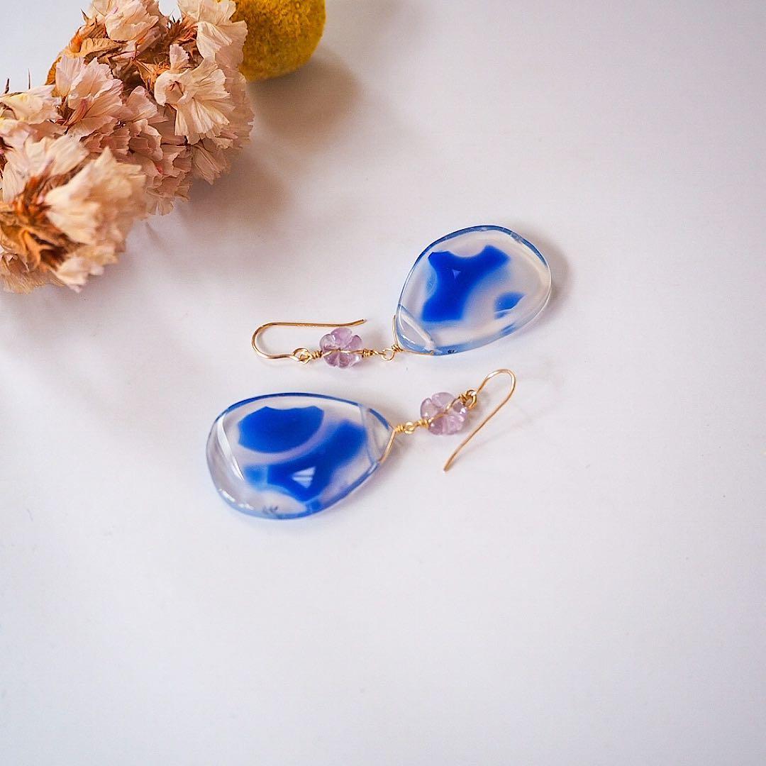 大粒！14kgfバンテッドアゲート・ピンクアメジストカービングピアス/イヤリング