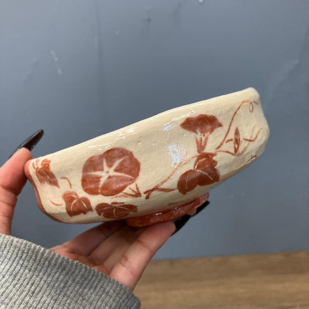 D-5 楽入窯 茶道具 朝顔文 抹茶茶碗（共箱付き） 食器 和食器 レトロ