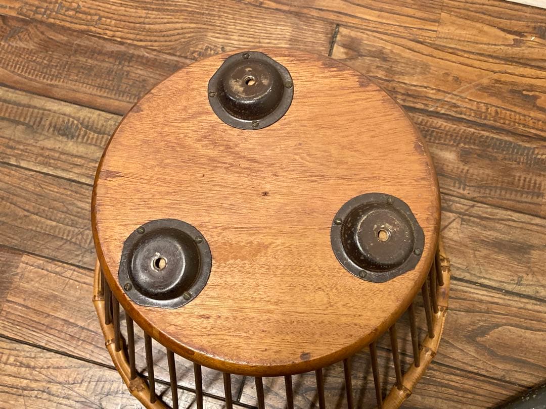 60's アンティーク 竹xチークx黒3本脚 サイドテーブル プランター 竹籠