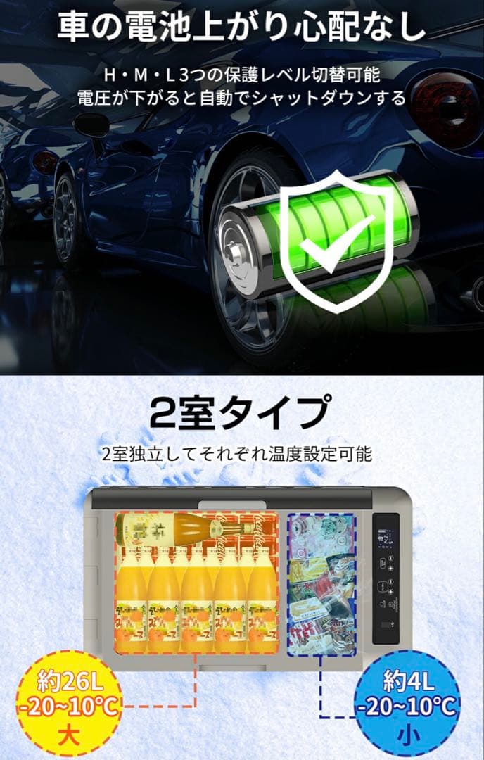 30L/2室車載用ポータブル車載冷蔵庫 -20℃〜10℃60W 12V/24V