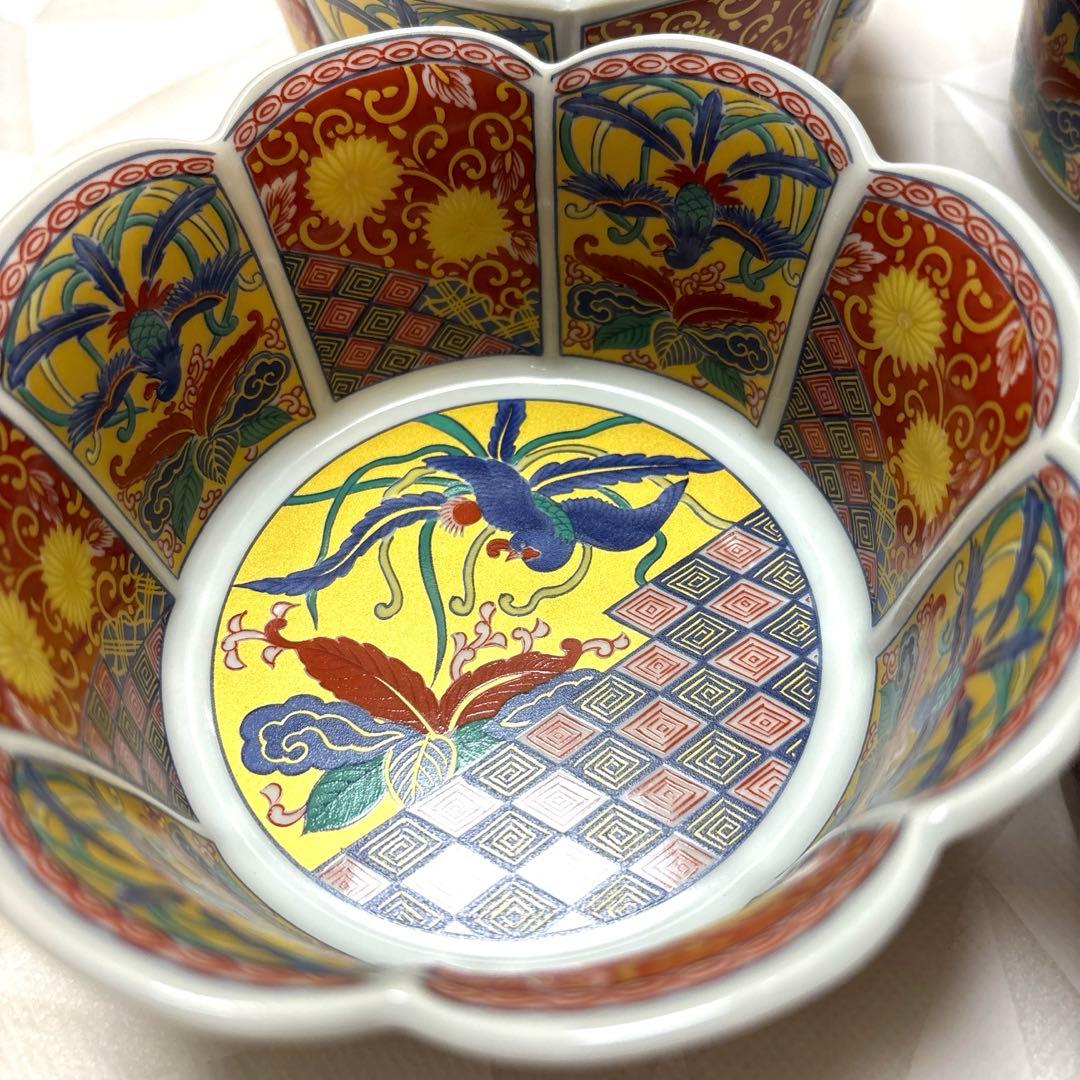 古伊万里様式　鳳凰図　輪花向付　4客　豪華絢爛　小鉢　金襴手鳳凰図　未使用