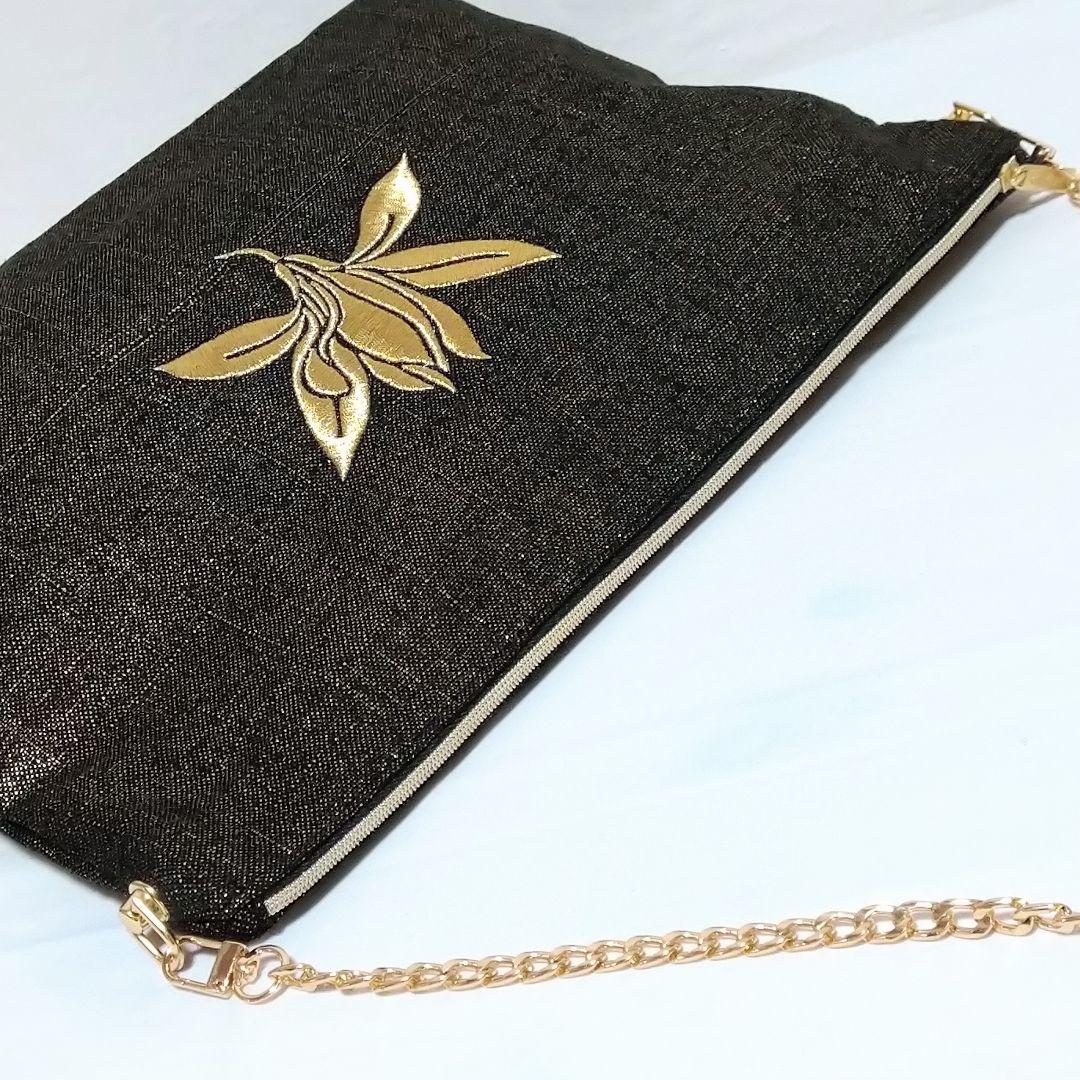 CHANEL ヴァニラ 華 刺繍 金色 黒 ショルダーバッグ ポーチ シャネル