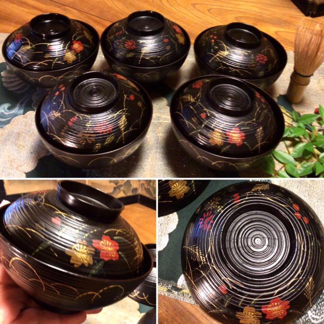 ❶松花堂弁当箱　懐石道具　祖雅堂　木製松花堂弁当5客　秋草蒔絵椀5客　揃え