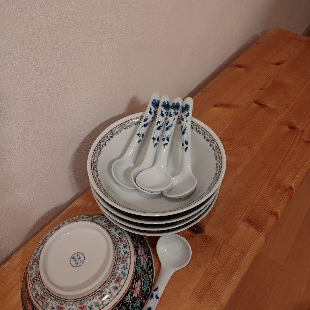 ☆大昭和龍峰製 花柄どんぶりとスプーンセット☆ 5個 美品 丼 れんげ 箱あり