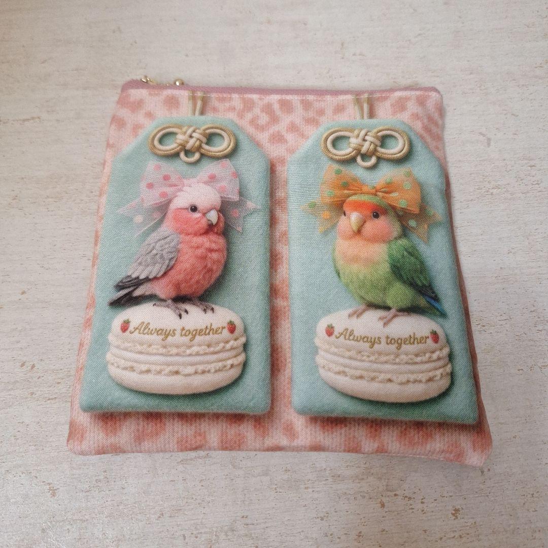 インコパネル生地　ハンドメイド　まちなしバッグ　フラットポーチ