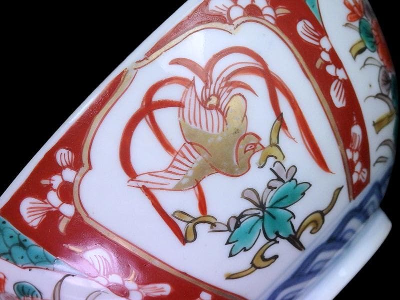 古伊万里　色絵　桐に鳳凰　丸紋に菊の図　蓋茶碗　４客　D200AS-fbut