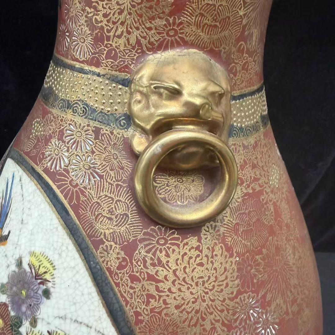 薩摩 大花瓶 扇面 金彩 獅子 双耳 連山 花鳥図 花瓶 飾壺 薩摩焼