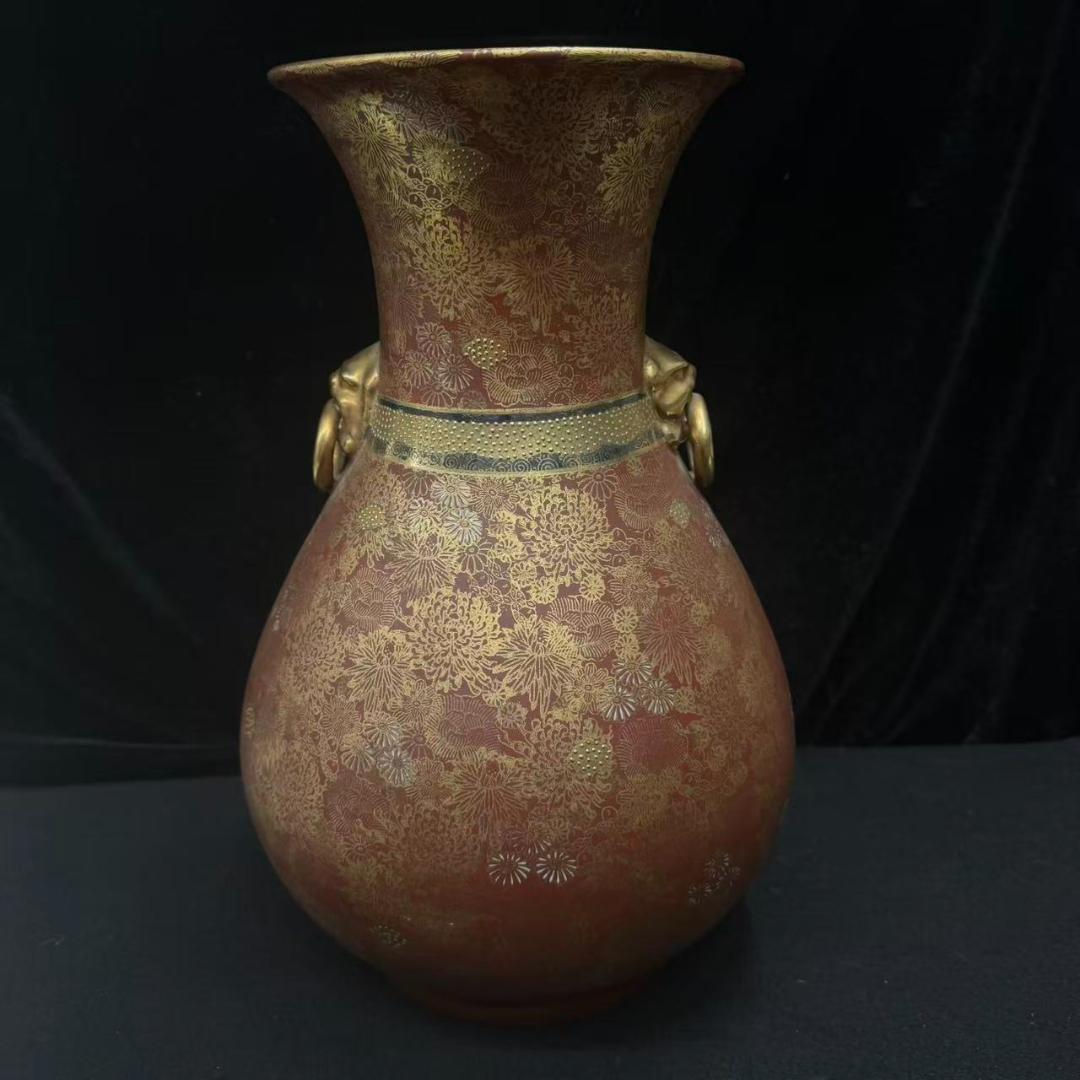 薩摩 大花瓶 扇面 金彩 獅子 双耳 連山 花鳥図 花瓶 飾壺 薩摩焼