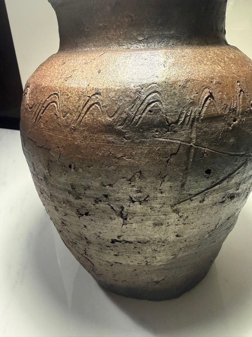 古陶風 波状文 焼締壺 高23cm 花器 古備前風