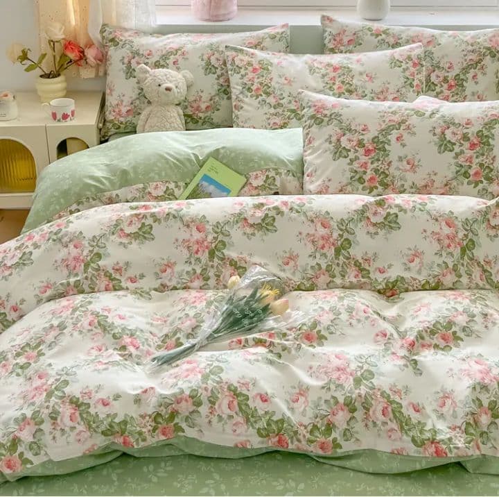 新品★フレッシュな薔薇ガーランド柄綿100%シングル掛け布団カバー枕カバーセット