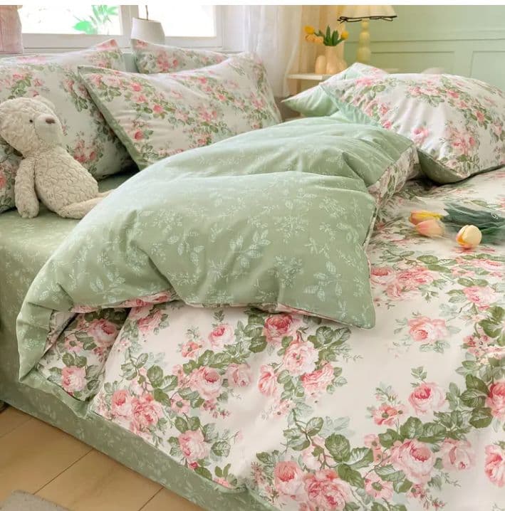 新品★フレッシュな薔薇ガーランド柄綿100%シングル掛け布団カバー枕カバーセット
