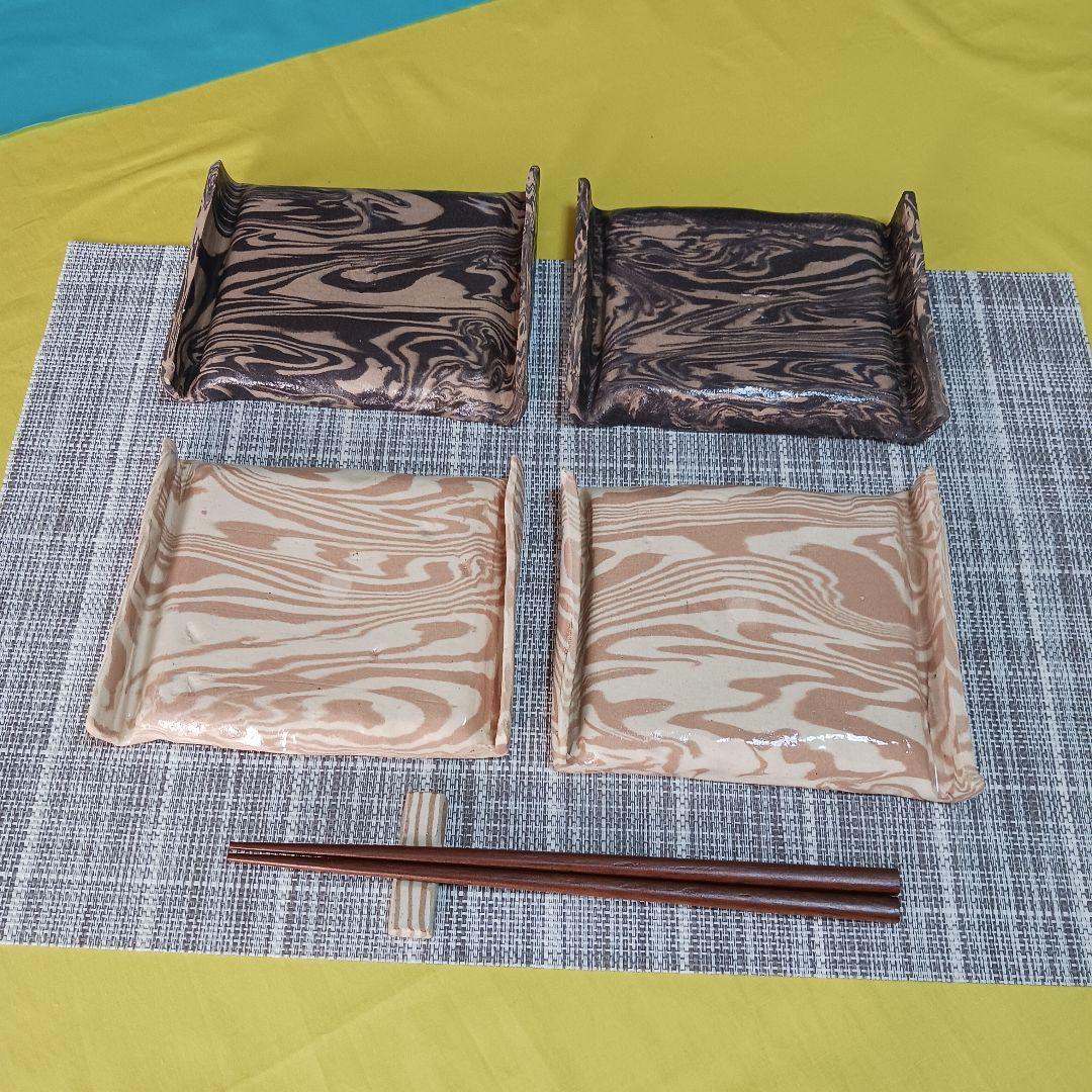 ハンドメイド　陶器　流水文様　皿　手作り陶器　杢目陶芸