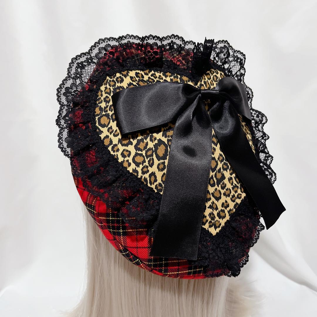 ハンドメイド ハート ベレー帽 タータンチェック ヒョウ柄 ロック パンク
