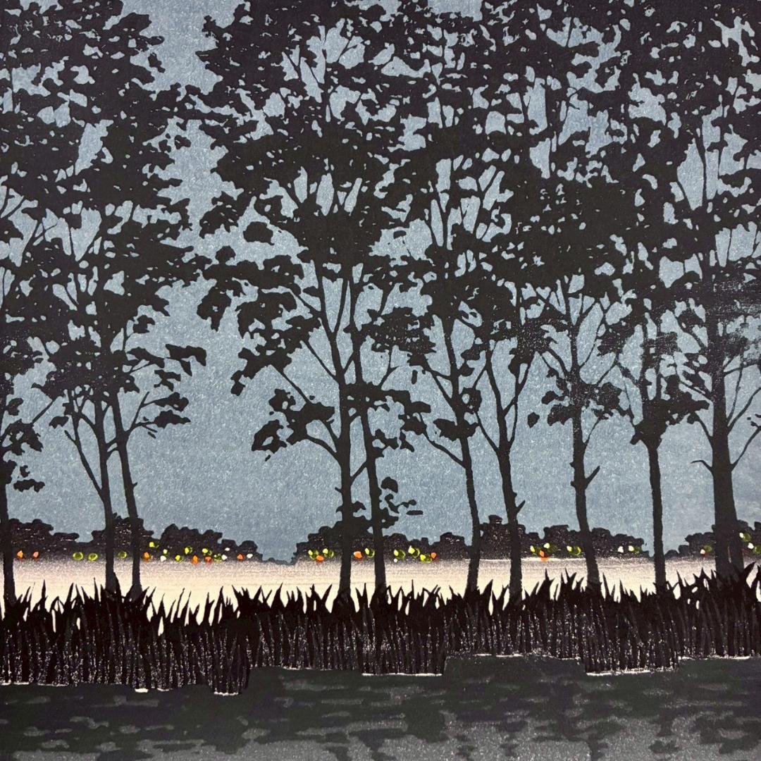 宮本秋風「夏の月」木版画 直筆サイン・印章・エンボス印有 人気木版画家 風景画