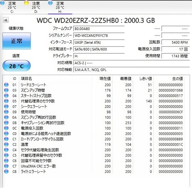 RSHTECH 外付けHDD 2TB WD製 録画用/PC用 電源17回 美品