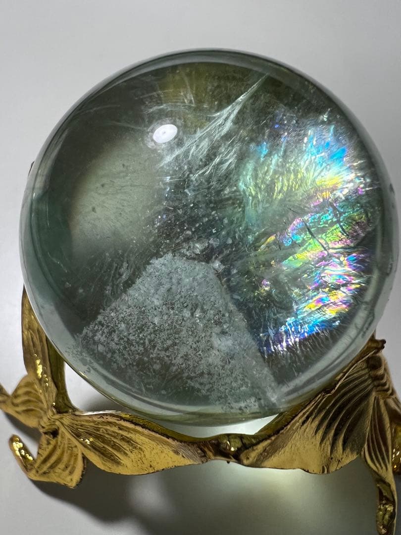 フローライト　水晶　天然石　グリーン 丸玉　スフィア　富士山　虹　蛍石　透明感