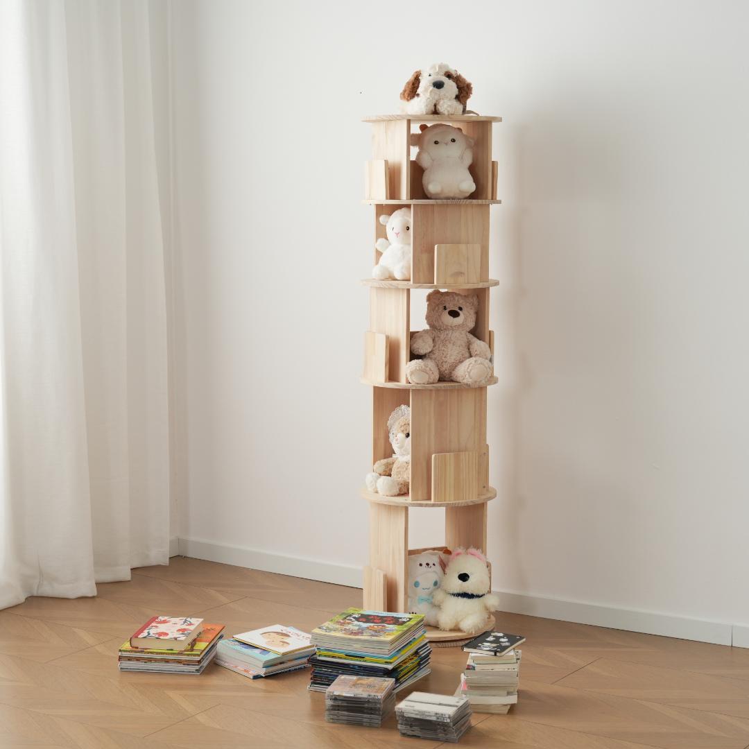 【5段-回転盤-マルチ高さ-タイプB】無垢 回転式本棚 絵本棚 360°回転本棚