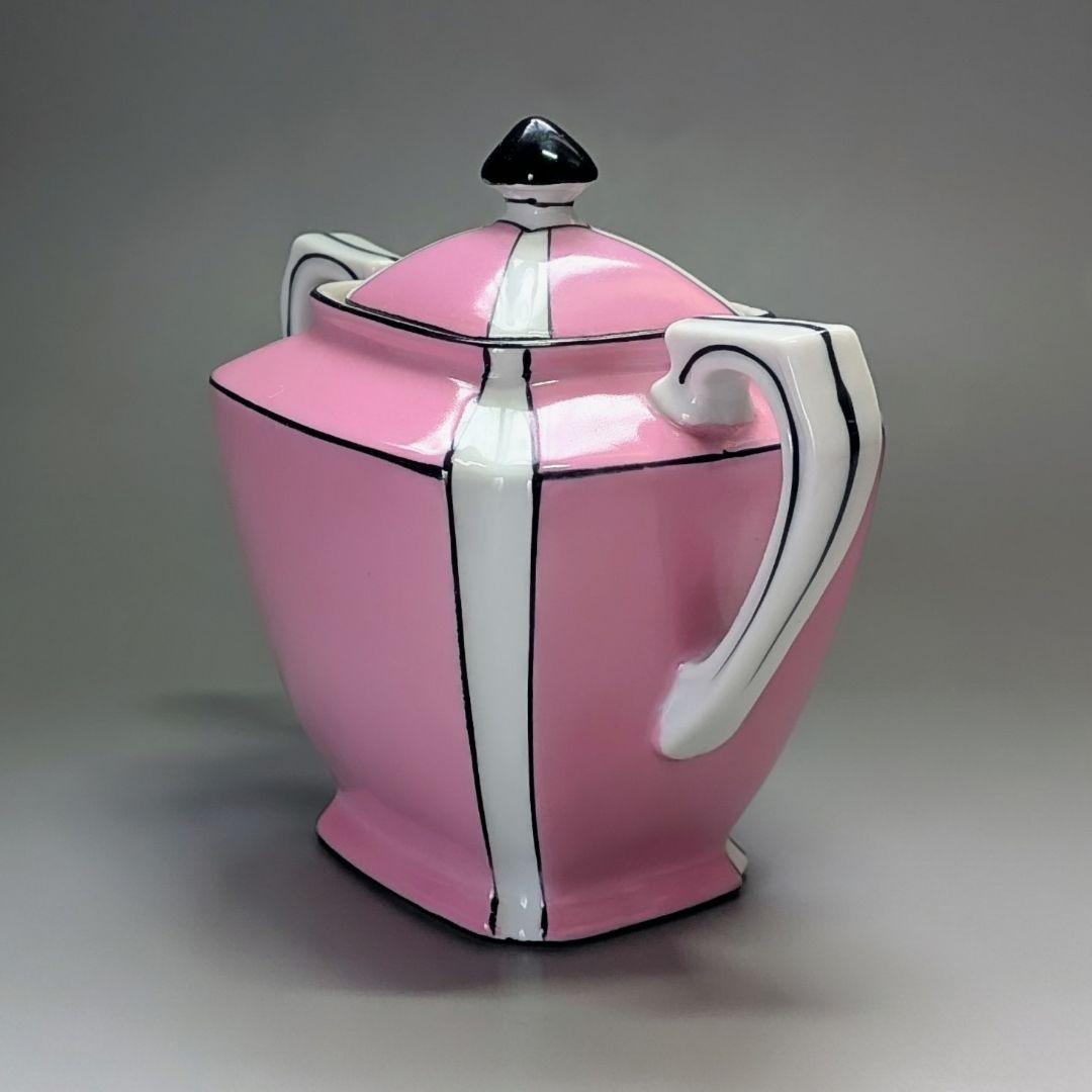 希少 オールドノリタケ アールデコ様式 シュガーポット蓋物容器 ピンク幾何学文