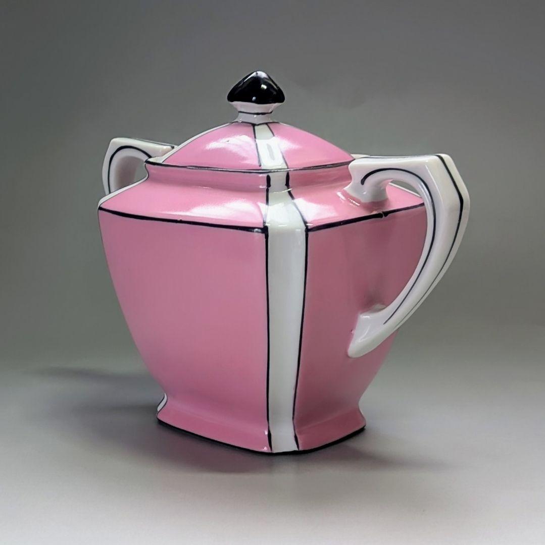 希少 オールドノリタケ アールデコ様式 シュガーポット蓋物容器 ピンク幾何学文