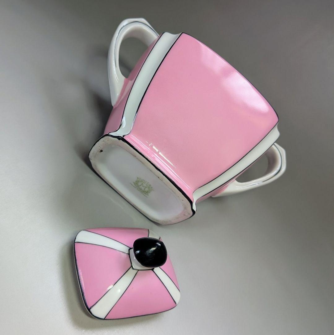 希少 オールドノリタケ アールデコ様式 シュガーポット蓋物容器 ピンク幾何学文
