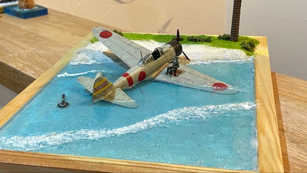 不時着した零戦と釣りを始める搭乗員　レジンジオラマ 完成品