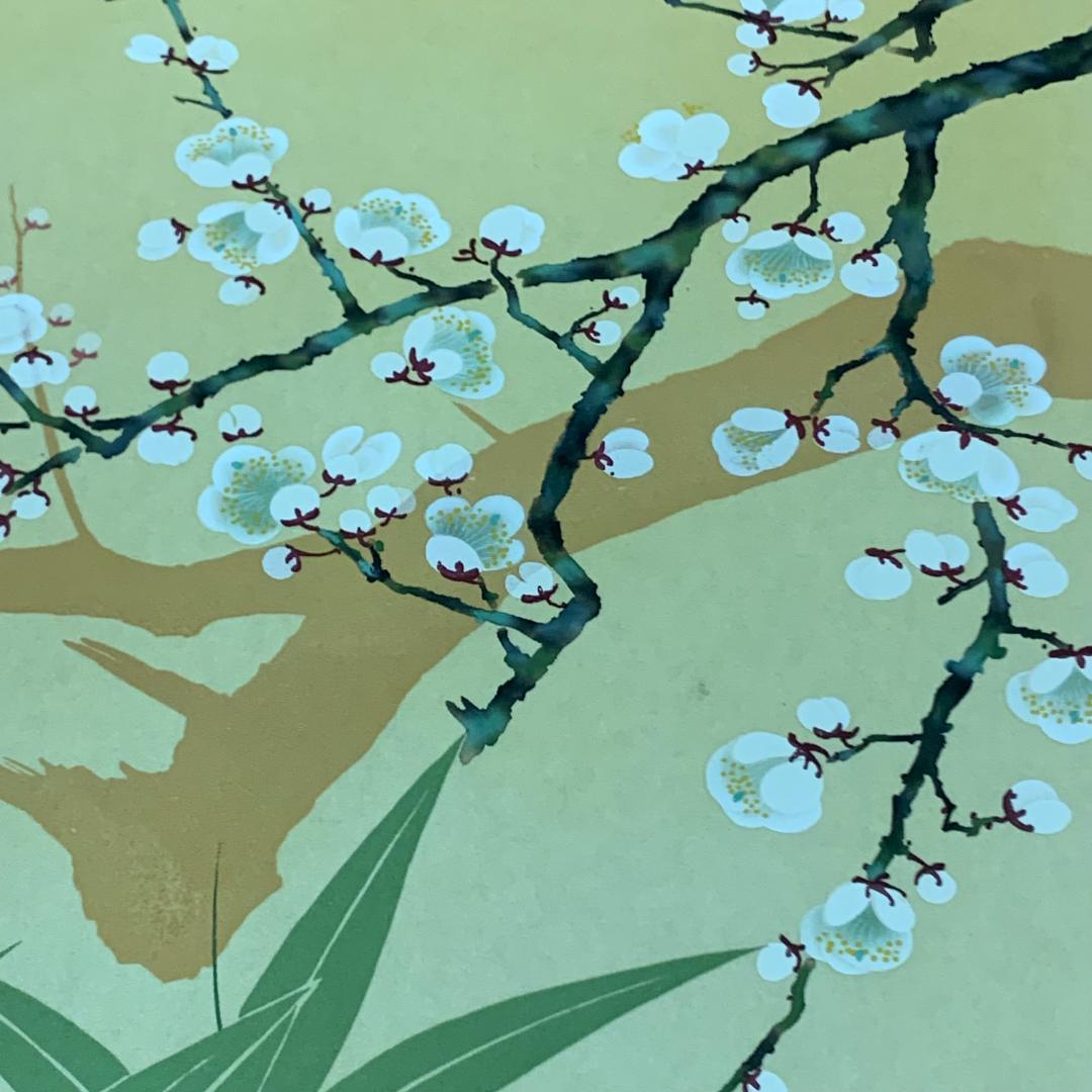 掛け軸　赤白梅に鶯　川村観峰　箱付き　美品　落款印あり