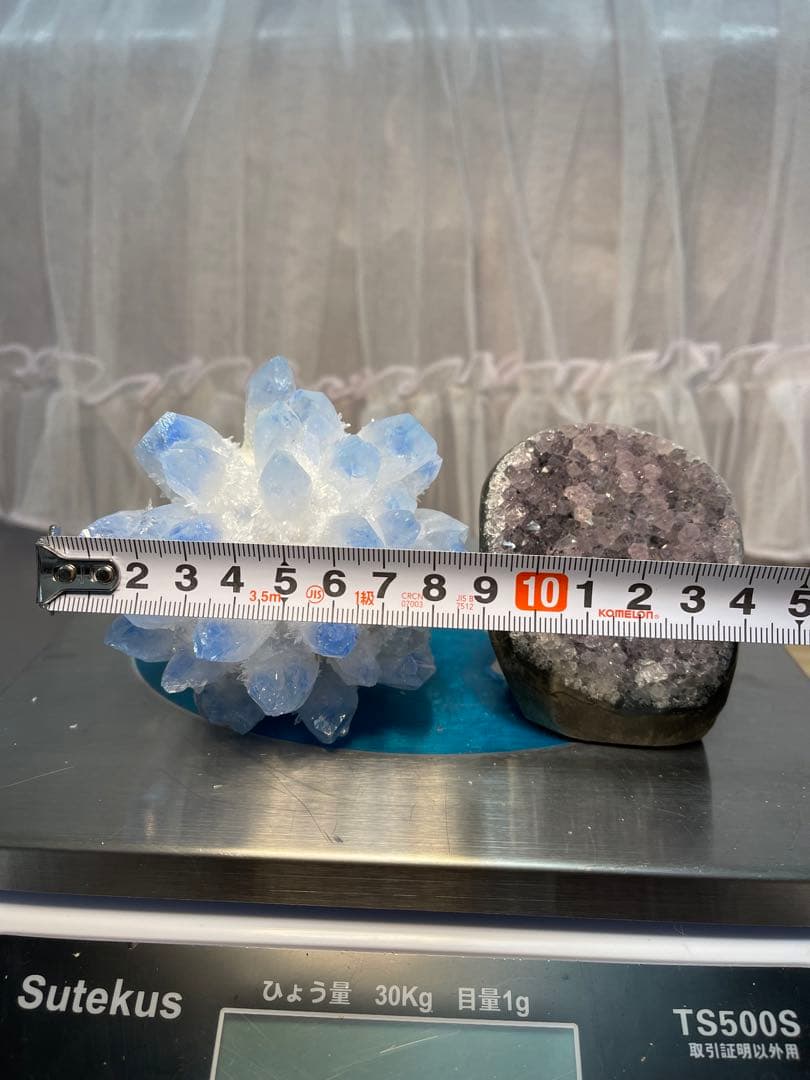 青い水晶クラスター パワーストーンクリスタルとアメジストクラスター セット