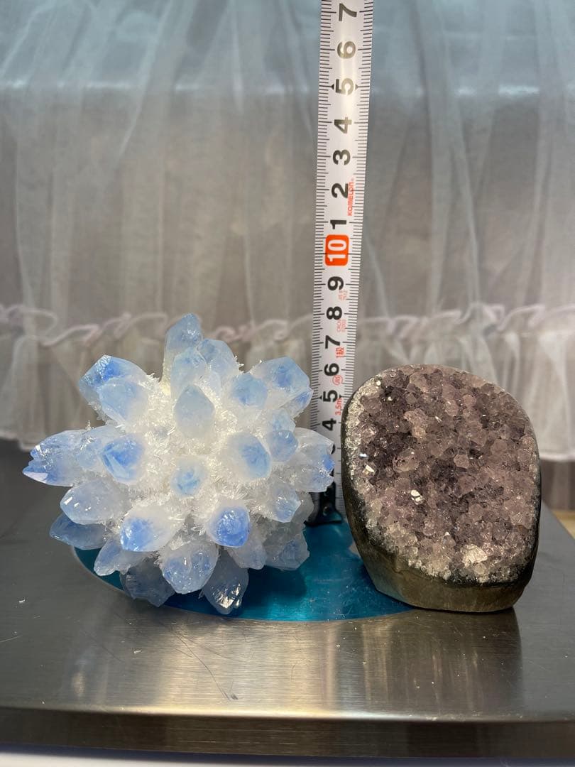 青い水晶クラスター パワーストーンクリスタルとアメジストクラスター セット