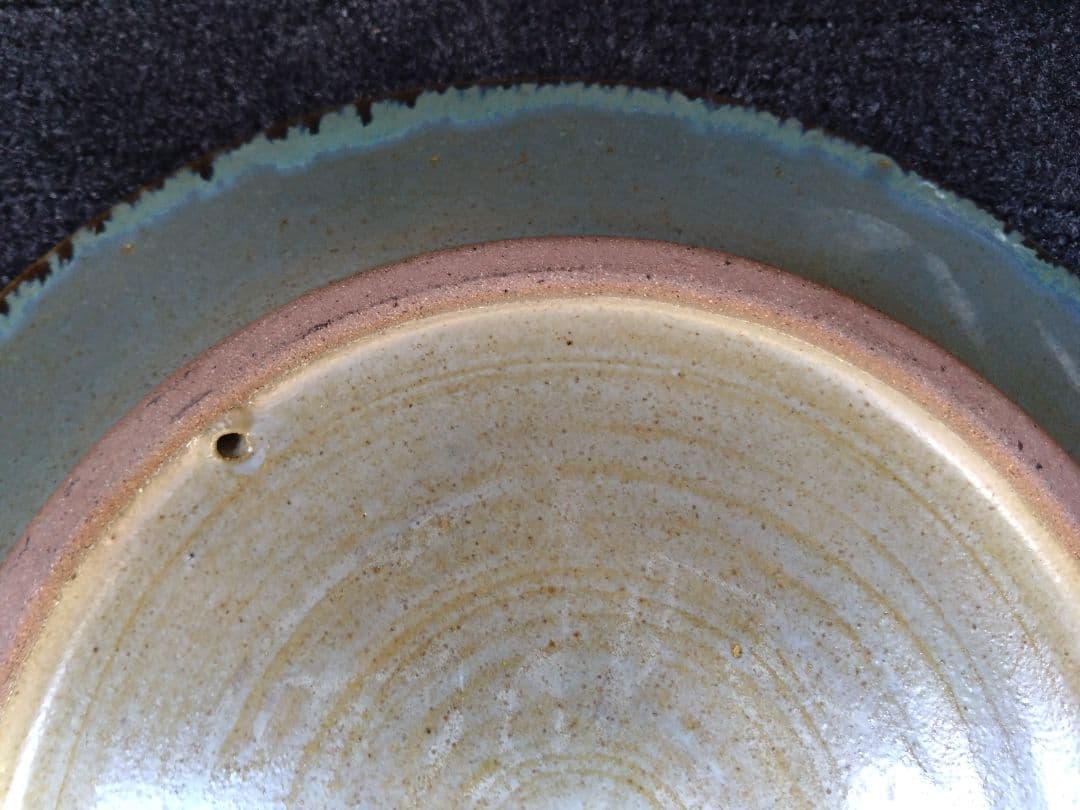 小樽窯 白勢栄悦 陶苑 大皿　緑玉織部　均青釉　作家　陶印　昭和