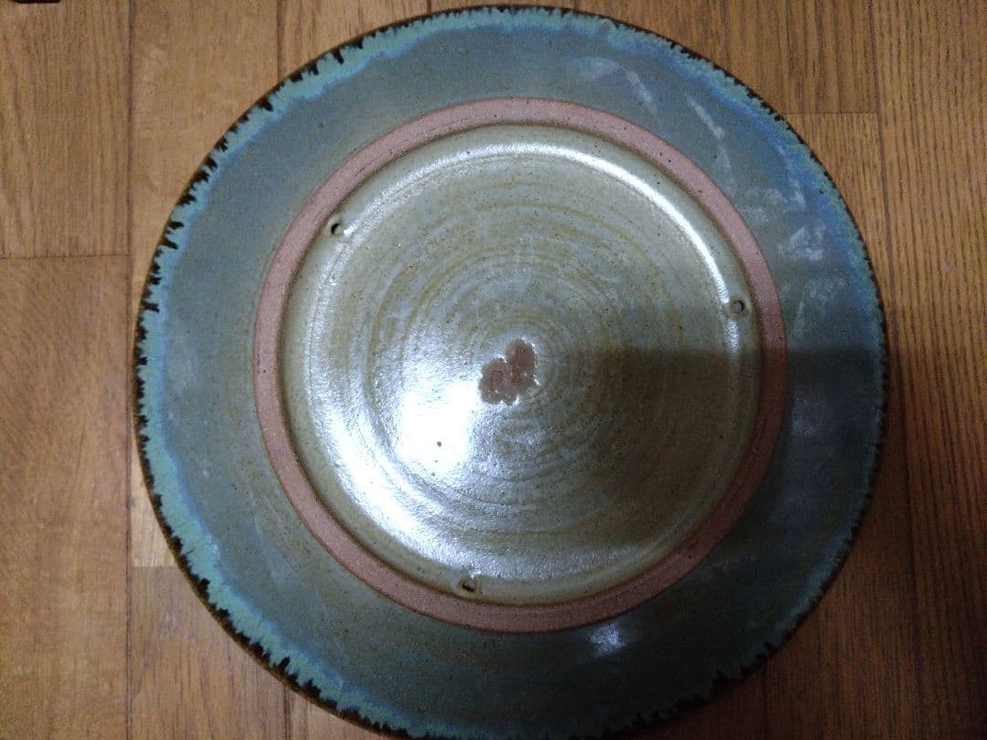 小樽窯 白勢栄悦 陶苑 大皿　緑玉織部　均青釉　作家　陶印　昭和