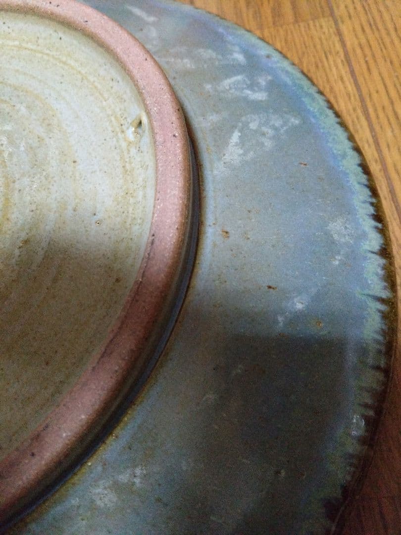 小樽窯 白勢栄悦 陶苑 大皿　緑玉織部　均青釉　作家　陶印　昭和