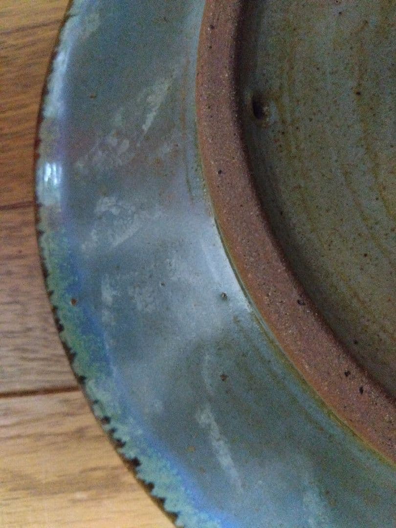 小樽窯 白勢栄悦 陶苑 大皿　緑玉織部　均青釉　作家　陶印　昭和