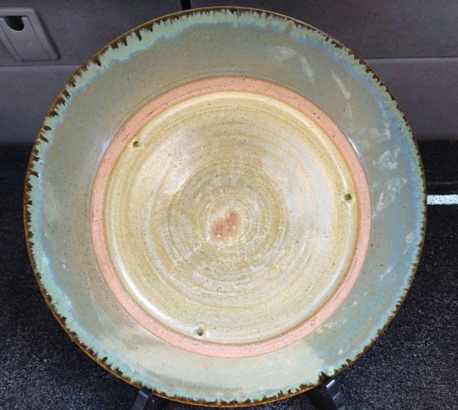 小樽窯 白勢栄悦 陶苑 大皿　緑玉織部　均青釉　作家　陶印　昭和