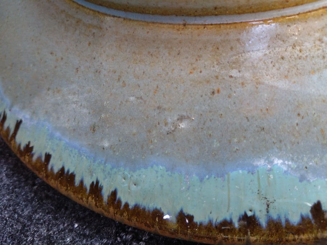 小樽窯 白勢栄悦 陶苑 大皿　緑玉織部　均青釉　作家　陶印　昭和