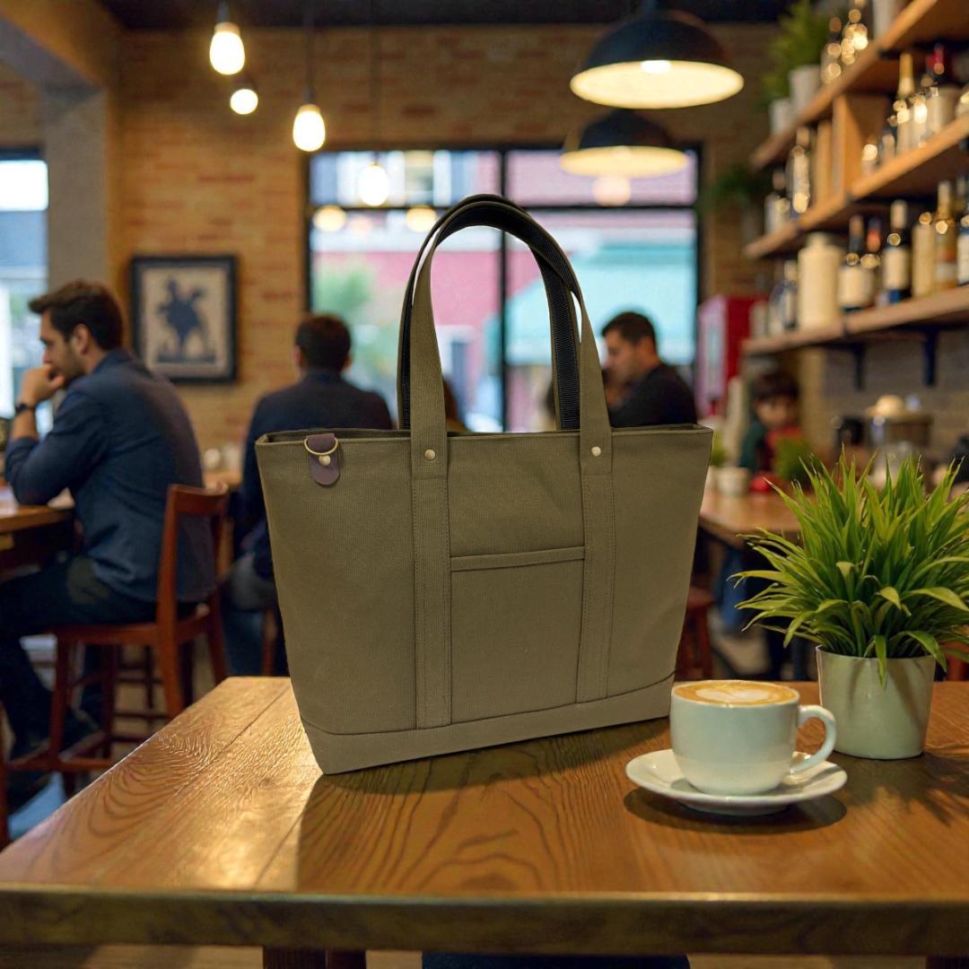 硬いハリのある8号帆布×Dカンアクセントの多機能トートバッグ（大容量・自立型）